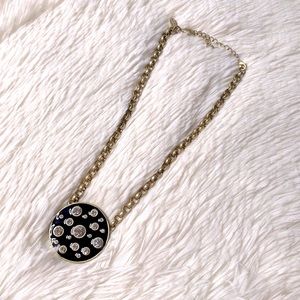 Kiam Family Black Clear Stone Gold Medallion Necklace
